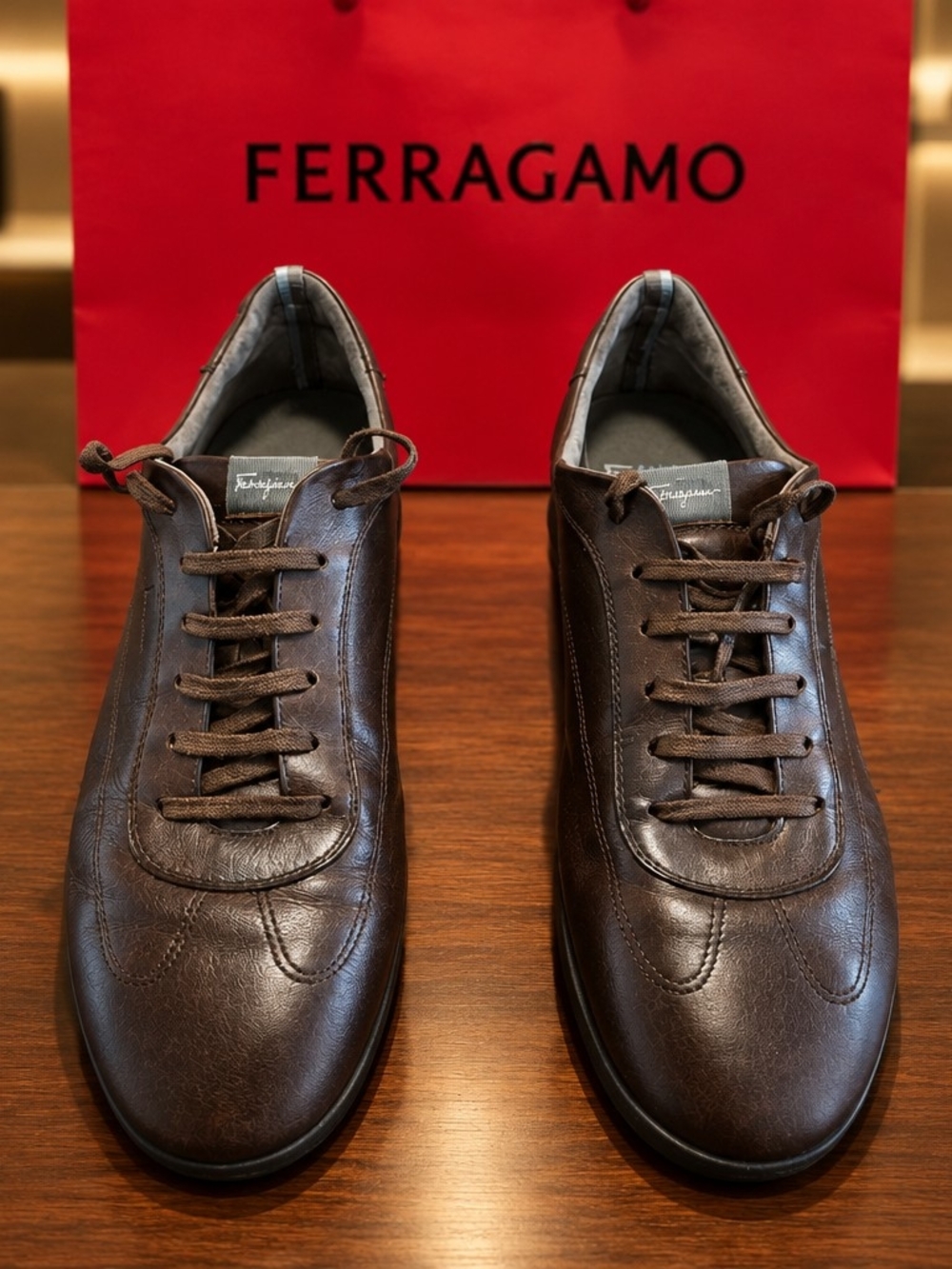 Salvatore Ferragamo Men’s Brown Leather Lace-Up Sneakers
